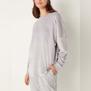 Victoria Secret PINK Velour Varsity Crew Pullover Velvet Sz XXL Gray